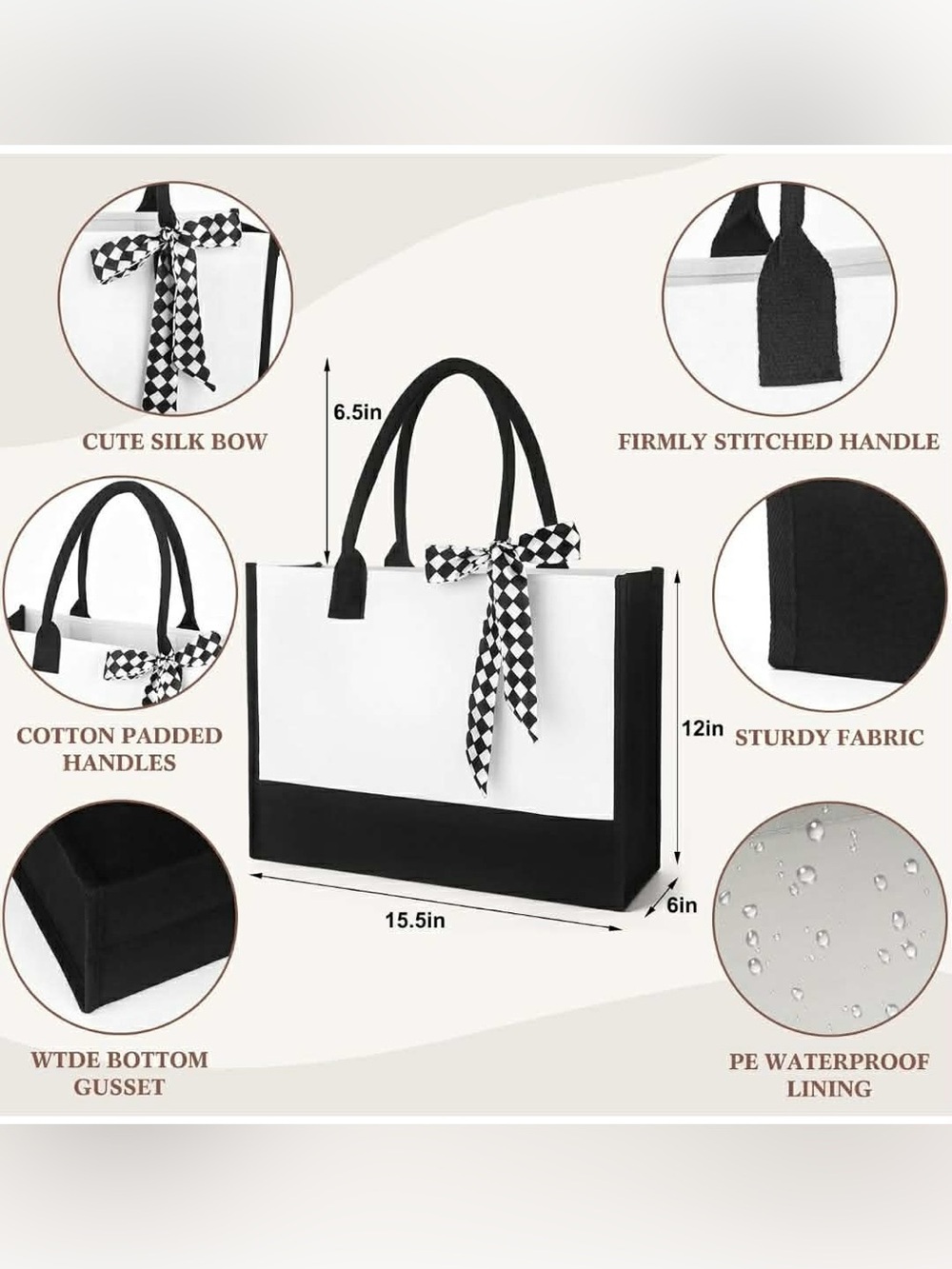 6 Black & White Canvas Tote Bag with Checker Scarf NWT - Picture 2 of 3